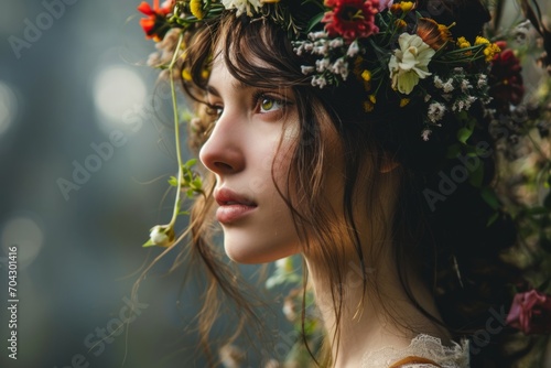 Portrait of beautiful caucasian young woman with wildflowers in her dark hair. Concepts: beauty, skin, health, spa, cosmetology, makeup, fashion, perfumery, rejuvenation