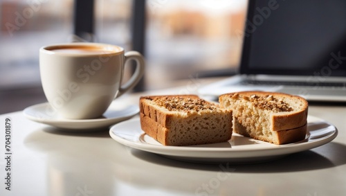 breakfast photo of bread and coffee made by AI generative