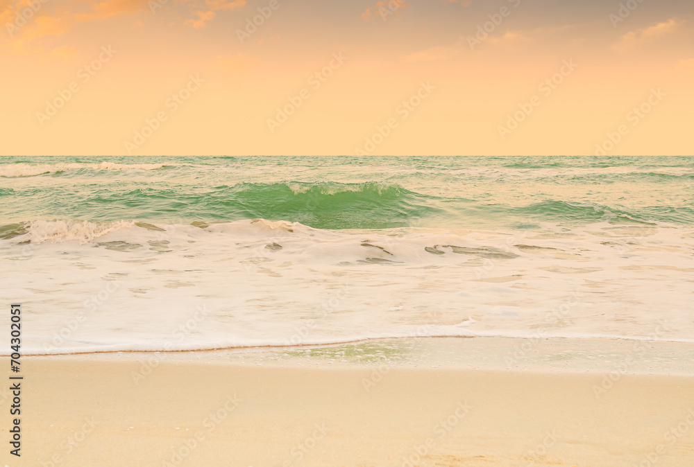 Travel Sea Nature Concept, Shore Sand Water Blue Ocean White Cloud Sky Background, View Calm Texture Wave Surface Beach with Horizon, Island Beautiful Landscape for Card Tourism Holiday Vacation Relax