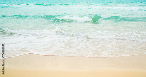 Travel Sea Nature Concept, Shore Sand Water Blue Ocean blur Background, View Calm Texture Wave Surface Beach with Horizon, Island Beautiful Landscape for Card Tourism Holidays Vacation Relax Tropical.