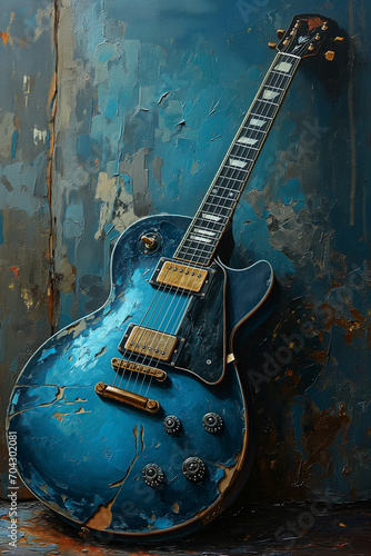 Realism-Surrealism Fusion of an Electric Guitar on Canvas Dark Cyan Palette