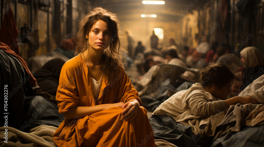 Fototapeta premium Women Sitting On Beds In Homeless Shelter
