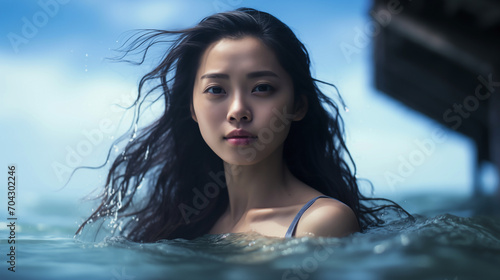 Oceanic Serenity Korean woman swimming in the sea with a wistful expression
