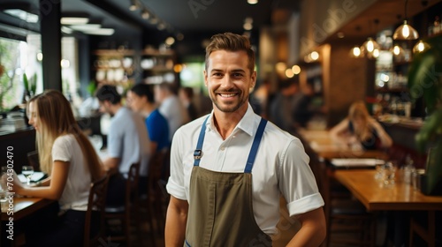 Happy waiter in apron standing in restaurant © duyina1990