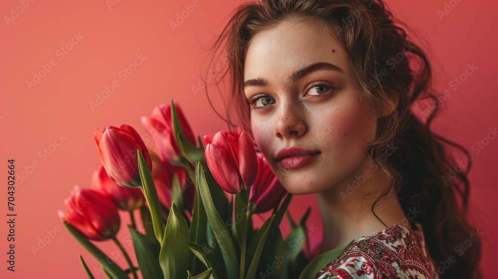 Portrait of a beautiful young girl in dress holding big bouquet of irises and tulips isolated over pink background