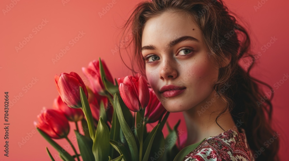 Portrait of a beautiful young girl in dress holding big bouquet of irises and tulips isolated over pink background Portrait of a beautiful young girl in dress holding big bouquet of irises and tulips isolated over pink background