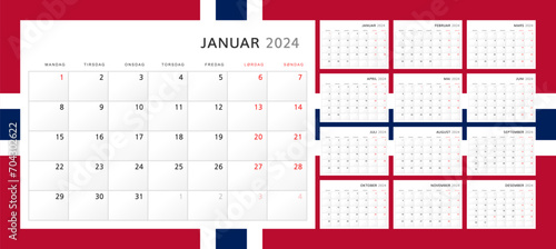 Calendar 2024 in Norwegian. Wall quarterly calendar for 2024 in classic minimalist style. Week starts on Monday. Set of 12 months. Corporate Planner Template. A4 format horizontal. Vector graphics