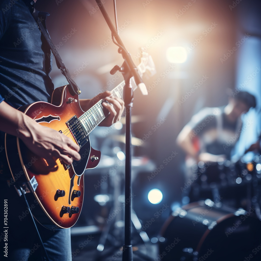 Obraz premium Guitarist performing live on stage with a drummer in the background