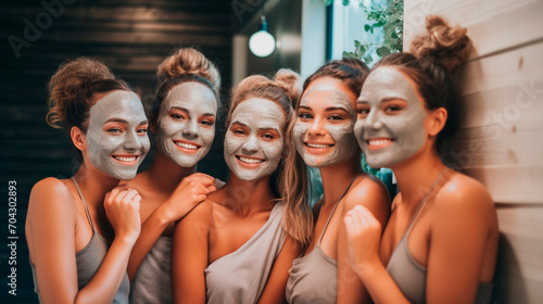 Women friends wearing spa facial masks. Selective focus.