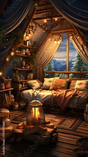 Cozy bedroom with a view of the snowy mountains