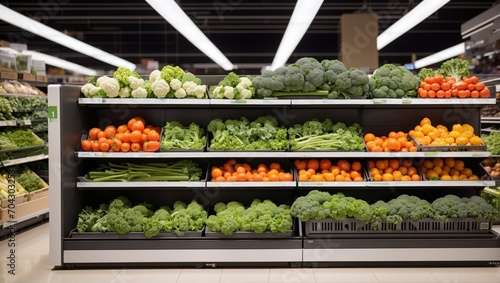 photo of a clean and modern vegetable and fruit supermarket made by AI generative