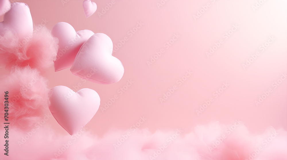 Valentine's day background. Pastel Pink soft heart pillows on a light pink background with clouds, haze and copy space. Valentine's card. Valentine's Day concept template for text.
