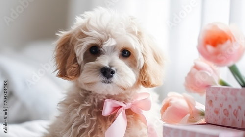 Cute beige poodle puppy with a pink bow posing next to tulips and gifts in a home setting with copy space. Concept for pets and spring holidays themes, mother's day, march 8, valentine's day. #704303438