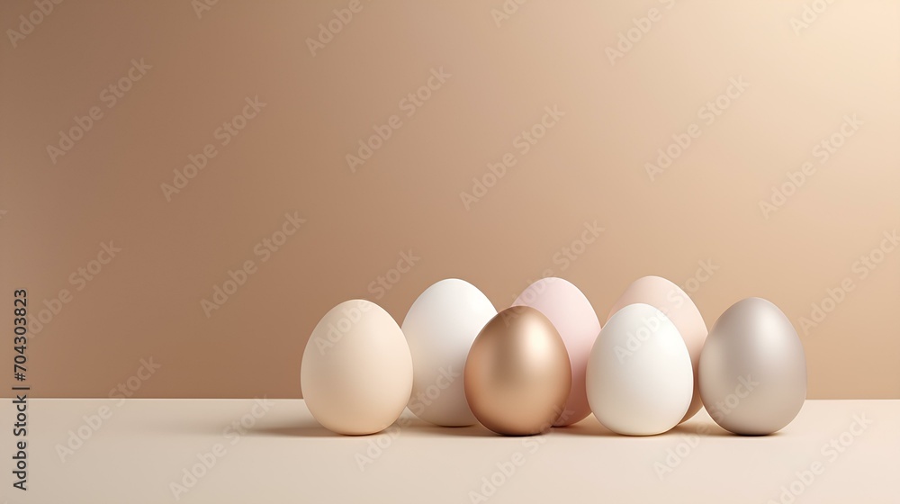 Fototapeta premium The symbol of Easter is eggs. A collection of eggs in light shades on the table.