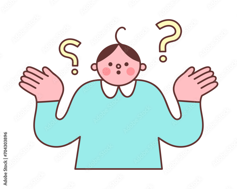 Confused character with question marks above his head. Vector illustration of  perplexed man thinking of a solution to a problem in cute cartoon style. Isolated elements on white background.