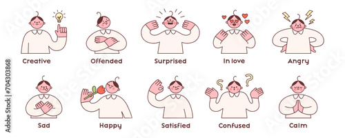 Set of cute characters expressing various emotions with gestures and facial expressions. Vector illustration of happy, angry, sad, surprised, confused guy. Isolated elements on white background.