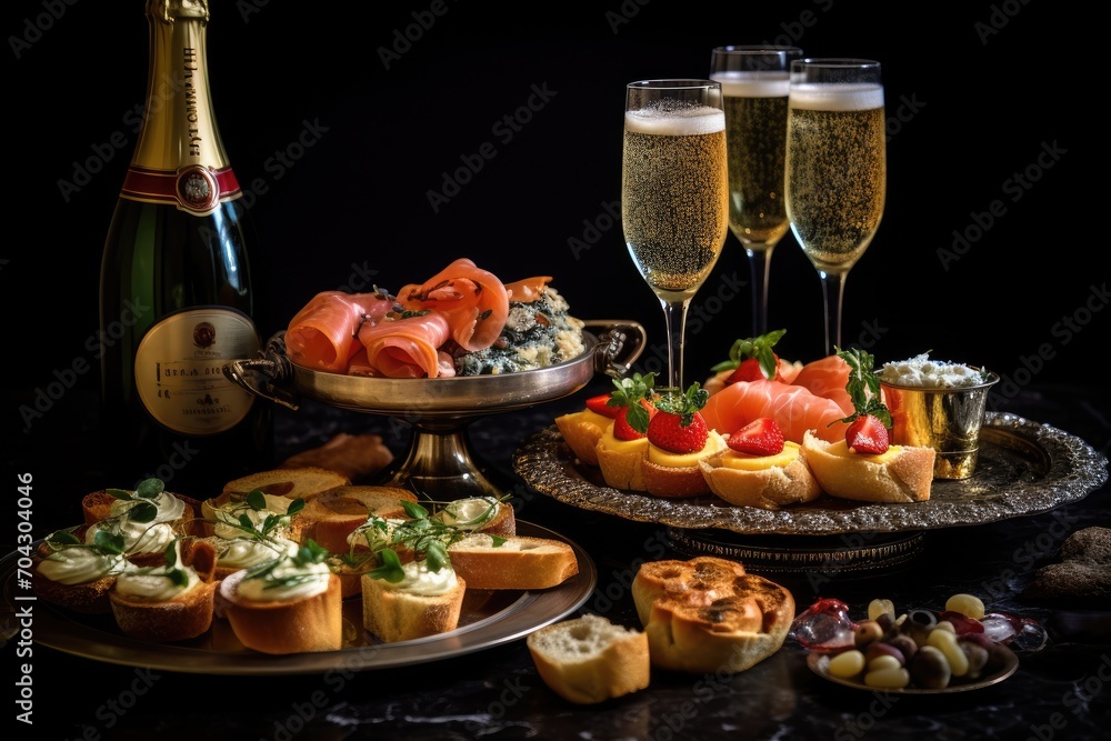 A table set with various plates of delectable food and glasses of fine wine, ready to be enjoyed, A fizzy champagne toast with assorted hors d'oeuvres, AI Generated