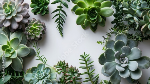 various succulents background and place to copy. top view, flat layout. a plant, a natural backdrop. photo