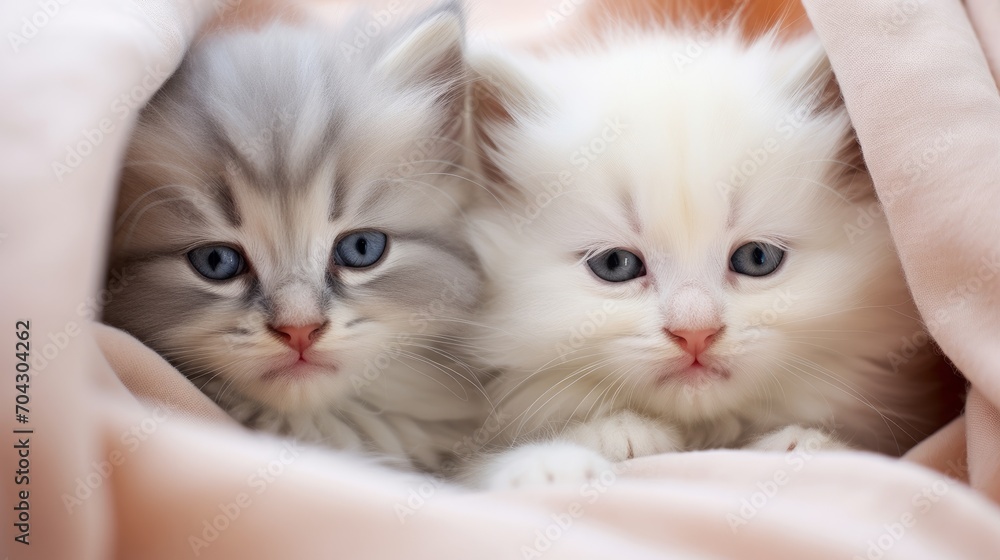 Cute kittens, close-up portrait. small sleeping pets, feline babies covered with a fluffy blanket.