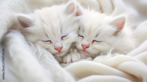 Cute white kittens, close-up portrait. small sleeping pets, feline babies covered with a fluffy blanket.
