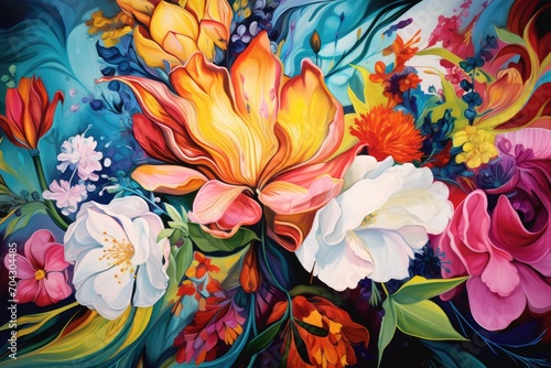 A stunning painting of colorful flowers displayed against a dark black background, A floral wonderland abstracted with a clash of vivid hues, AI Generated © Iftikhar alam