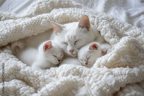 a cat with kittens, sleeping cute little pets wrapped in a warm blanket. a family of animals, feline babies.
