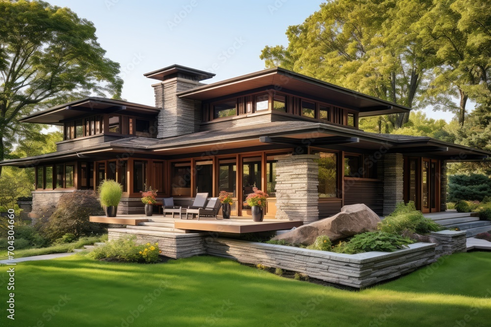 A large house with numerous windows on the front, providing ample natural light, A Frank Lloyd Wright-inspired prairie house, AI Generated A large house with numerous windows on the front, providing ample natural light, A Frank Lloyd Wright-inspired prairie house, AI Generated