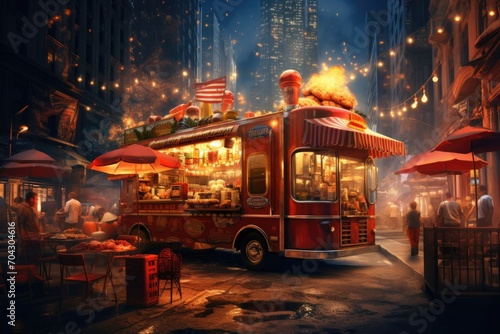 A food truck parked on the side of a bustling street offers a convenient and delicious dining option for hungry customers, A food truck serving hot dogs in a bustling city street, AI Generated