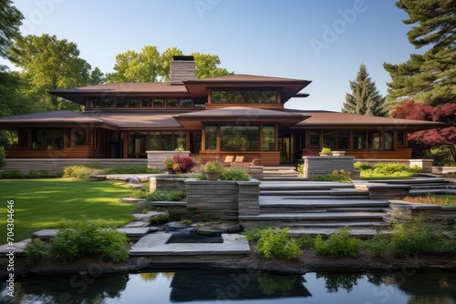 A picture of a house with a pond in front of it, A Frank Lloyd Wright-inspired prairie house, AI Generated © Iftikhar alam