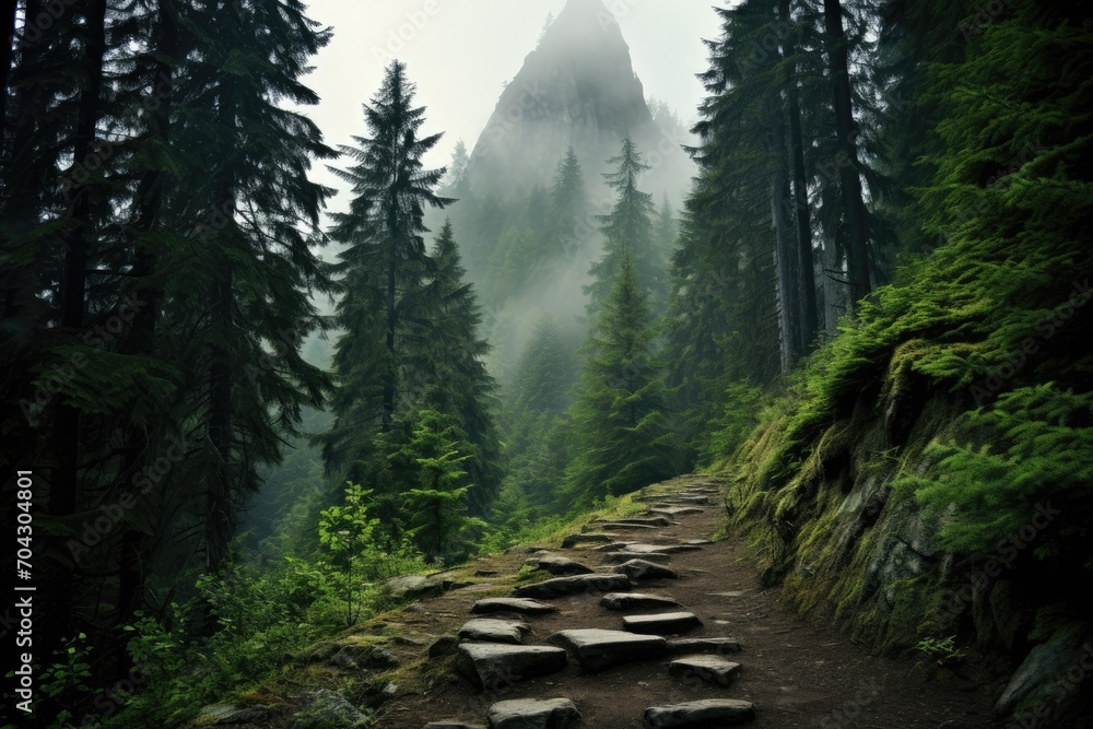 A peaceful trail winds through the deep woods, offering a stunning view of a grand mountain peak, A foggy mountain-path surrounded by tall, green trees, AI Generated - obrazy, fototapety, plakaty 