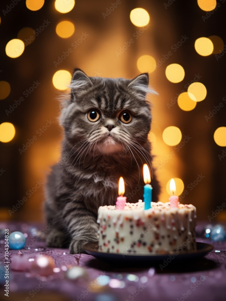 a cute cat and a cake with candles. birthday, cat's day. festive background with bokeh, an atmosphere of celebration. a cute cat and a cake with candles. birthday, cat's day. festive background with bokeh, an atmosphere of celebration.