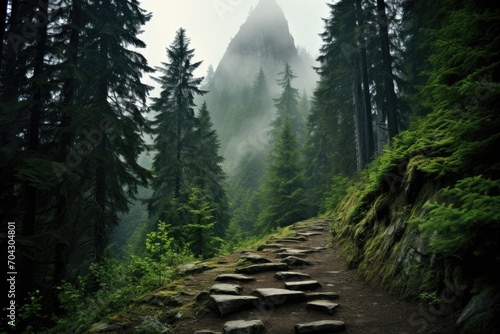 A peaceful trail winds through the deep woods, offering a stunning view of a grand mountain peak, A foggy mountain-path surrounded by tall, green trees, AI Generated