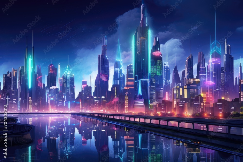 A sprawling cityscape teeming with towering buildings, forming an awe-inspiring spectacle, A futuristic cityscape bathed in neon lights, AI Generated