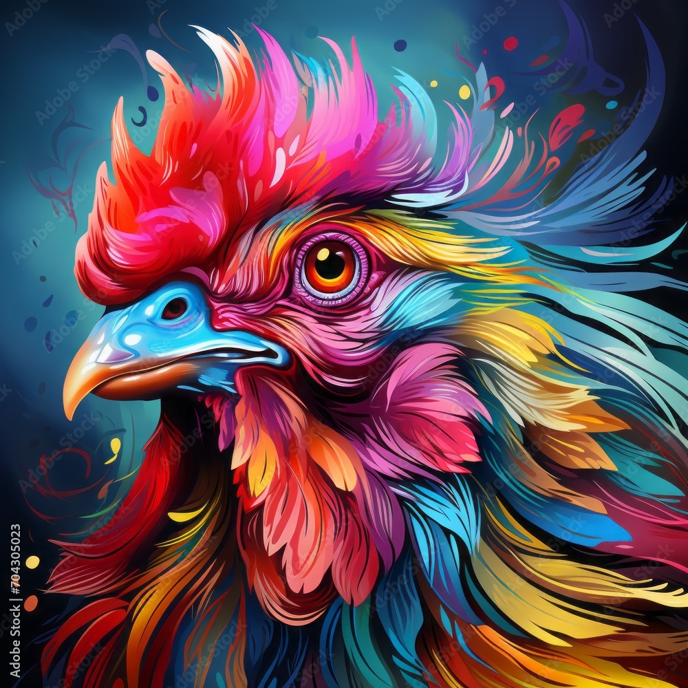 rooster close-up, portrait, poultry. colorful illustration. a colorful domestic bird.