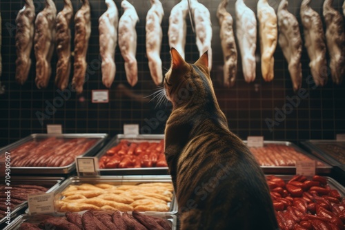 A red tubby cat looks at a display case with meat in a supermarket. Animal in store photo