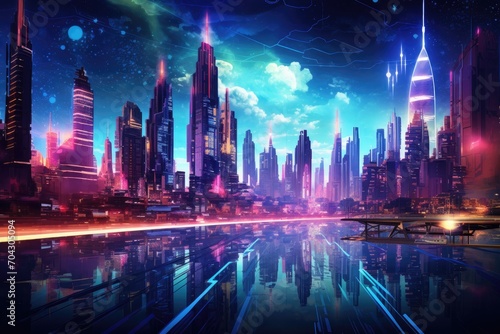A stunning image of a futuristic cityscape with a remarkable skyline in the distance, A futuristic cityscape bathed in neon lights, AI Generated © Iftikhar alam