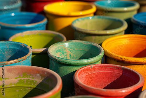 Organizing garden pots, colorful, orderly, sunny. 