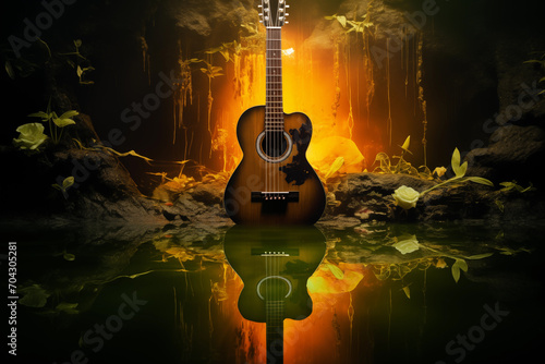 Surrealist Acoustic Guitar Amidst Waterfall Botanical Enchantment Earthcore
