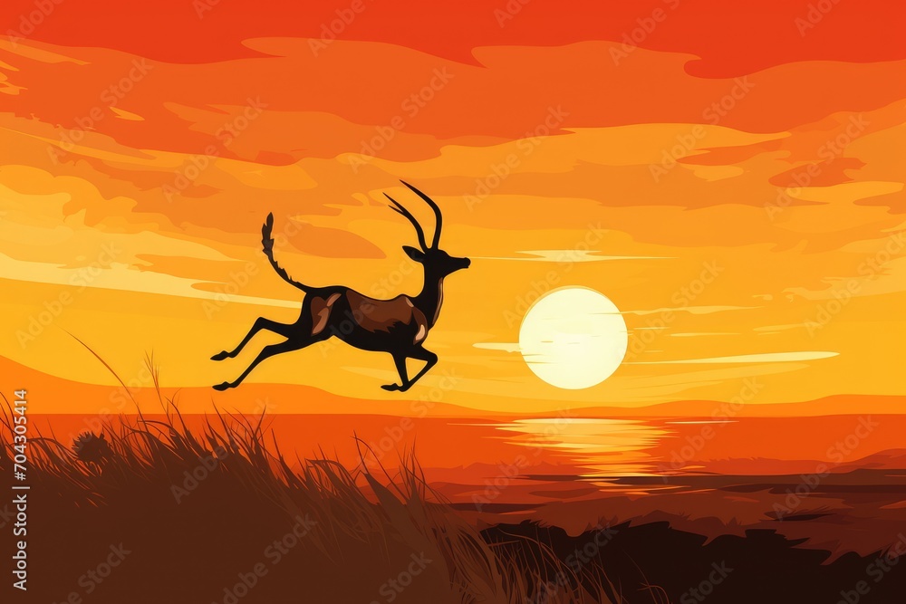A breathtaking painting showcasing a deer gracefully leaping over a vibrant sunset horizon, A gazelle leaping across the grasslands against an orange sunset, AI Generated