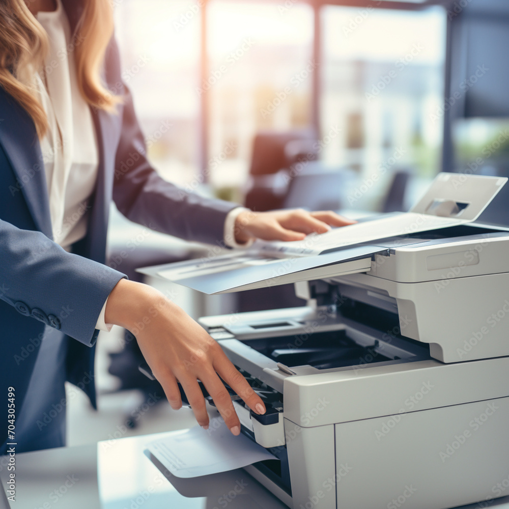 Woman using printer in the office.	
 - obrazy, fototapety, plakaty 