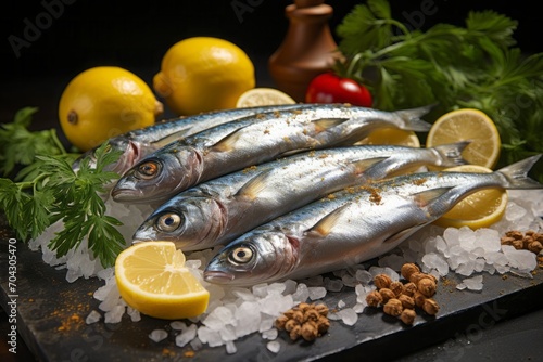 sardines, fresh raw fish and lemons on a chopping board close-up. cooking in the kitchen. seafood, a healthy product.