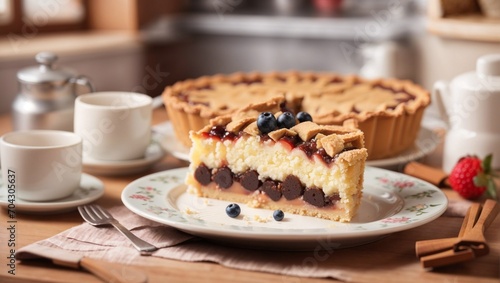 a photo of a piece of cerry pie cake that looks good on the table made by AI generative