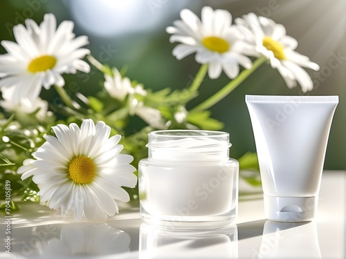 cosmetic cream containers and tubes mockup product photograph in white color  white chamomile daisy background decorations