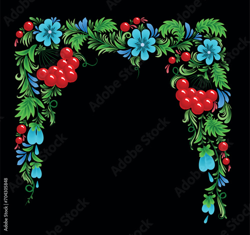 Hand-drawn floral painting isolated border frame. Ukrainian folk art, traditional decorative painting style Petrykivka. Perfect print for cards, decor.	
