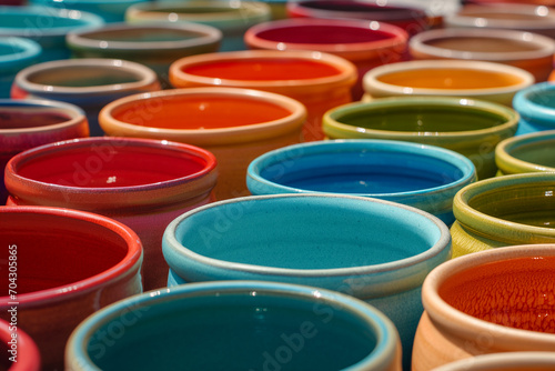 Organizing garden pots, colorful, orderly, sunny. 