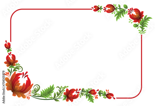 Hand-drawn floral painting isolated border frame. Ukrainian folk art, traditional decorative painting style Petrykivka. Perfect print for cards, decor.	
