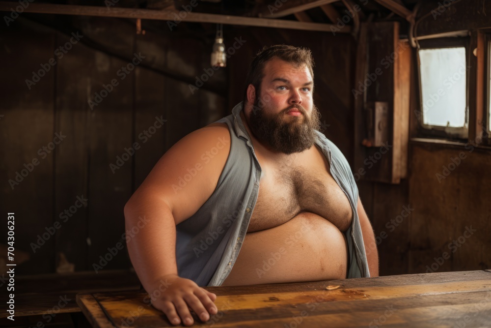 handsome thick obese man with a beard. rugged, impressive portrait of a male person bare-chested, brutal and powerful.
