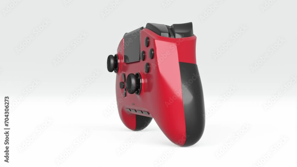 Realistic black video game joysticks or gamepads rotating on white background. 3D render of streaming gear for cloud gaming and gamer workspace concept Realistic black video game joysticks or gamepads rotating on white background. 3D render of streaming gear for cloud gaming and gamer workspace concept