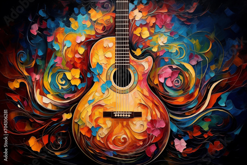 Artistic Painting of Acoustic Guitar Colorful Fantasy on Large Canvas