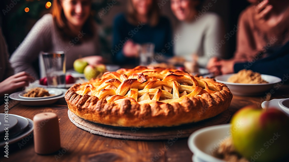 apple pie on the table against the backdrop of a family dinner. Selective focus. - obrazy, fototapety, plakaty 